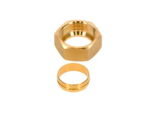 Goldfarbene Mutter mit Außengewinde und einem Schneidring. Zeigt eine robuste Bauart, geeignet für verschiedene Anwendungen. Bosch Produkt.
